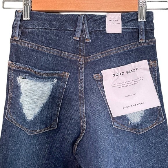 NWT Good American Good Waist Jeans Dark Wash Distressed Back Pockets Size 24 NEW - Picture 8 of 13
